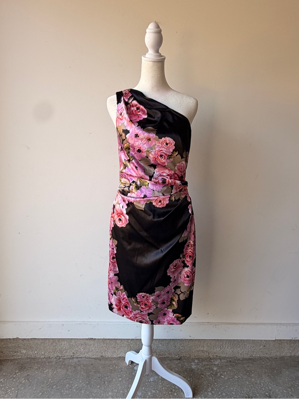Maggy London One-Shoulder Black Dress with Pink Floral Pattern